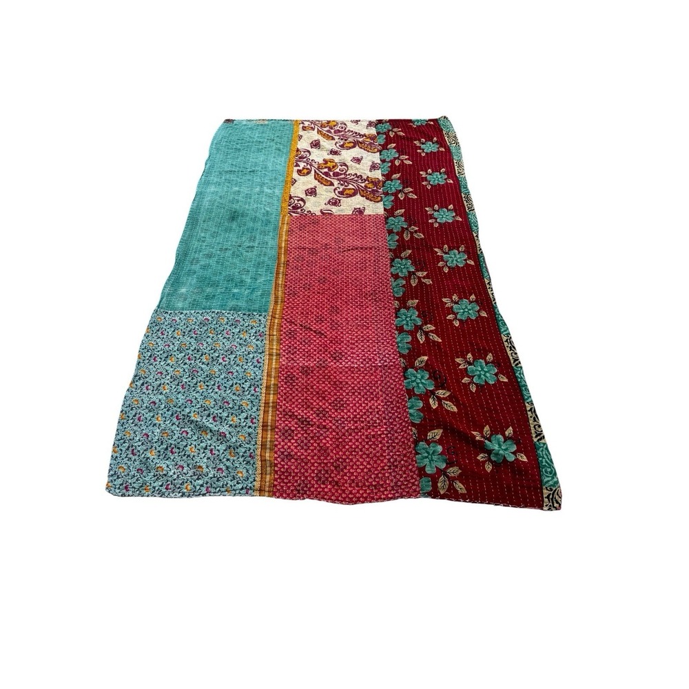 Handmade Kantha Quilt Throw Blanket Reversible Parchwork Boho Cottagecore 48x86